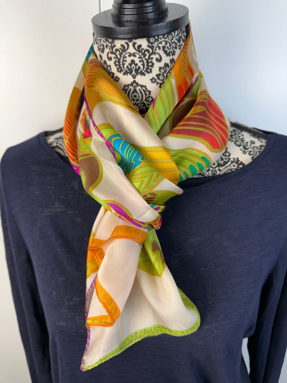 Vibrant Multicolor Parrot Motif Silk Scarf - Pink, Green & Gold Accents
